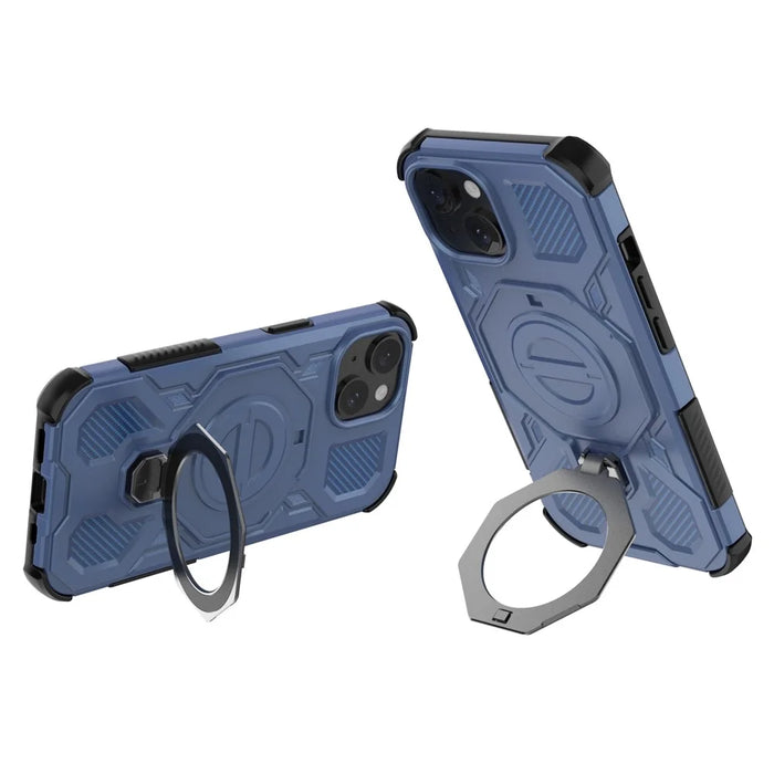 For iPhone 15 Magnetic Case Rotating Metal Kickstand Shockproof PC + TPU Phone Back Cover - Dark Blue - 4