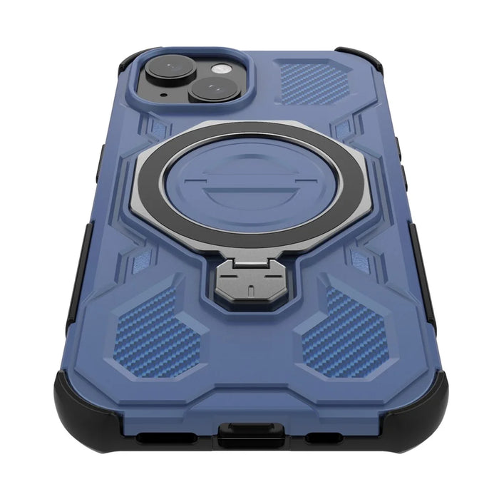 For iPhone 15 Magnetic Case Rotating Metal Kickstand Shockproof PC + TPU Phone Back Cover - Dark Blue - 5