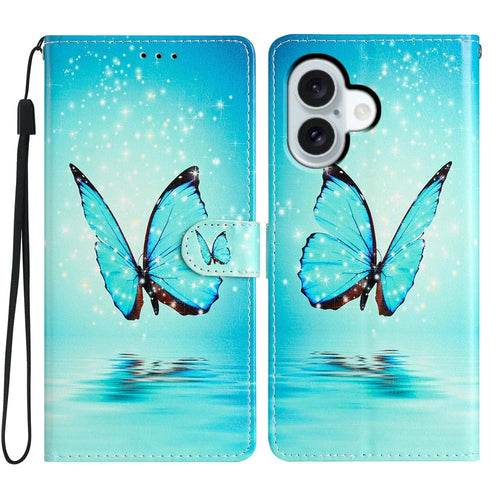 For iPhone 17 Wallet Case PU Leather Pattern Printing Stand Phone Cover with Strap - Blue Butterfly - 1