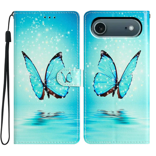 For iPhone Air Wallet Case PU Leather Pattern Printing Stand Phone Cover with Strap - Blue Butterfly - 1