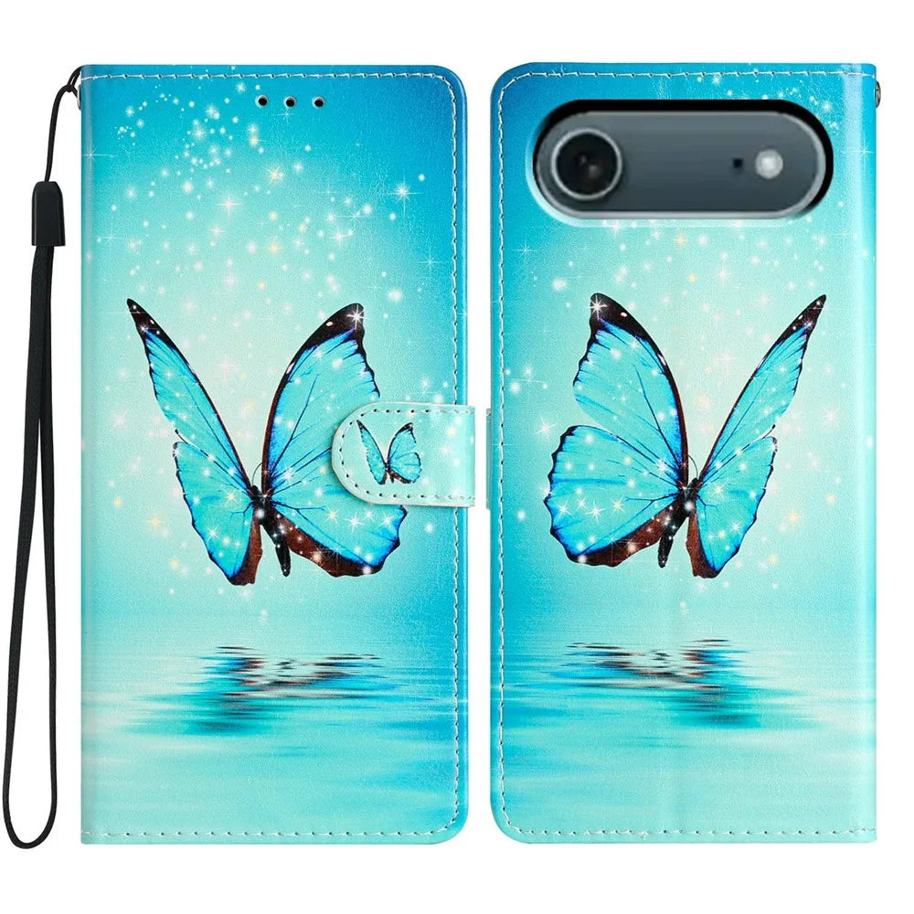 For iPhone Air Wallet Case PU Leather Pattern Printing Stand Phone Cover with Strap - Blue Butterfly - 1