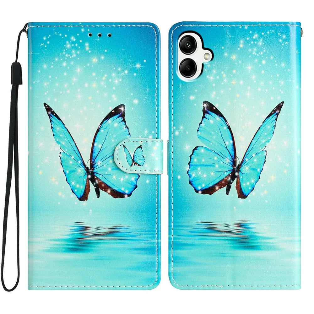For Samsung Galaxy A08 5G / A08 4G / A07 4G Wallet Case PU Leather Pattern Printing Stand Phone Cover with Strap - Blue Butterfly - 1