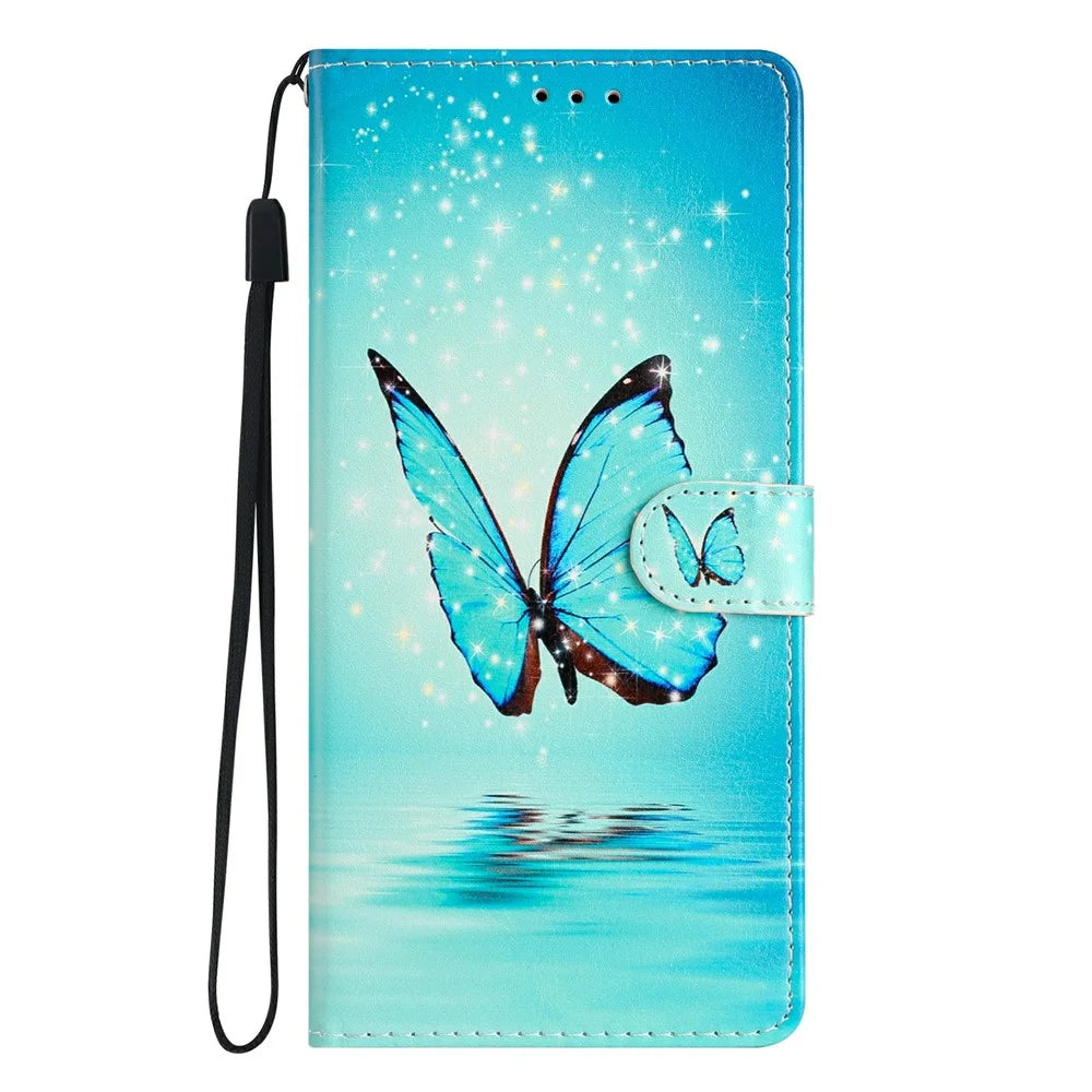 For iPhone 18 Pro Max / 17 Pro Max Wallet Case PU Leather Pattern Printing Stand Phone Cover with Strap - Blue Butterfly - 7