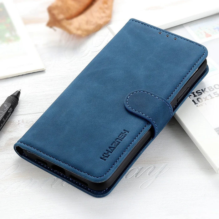 KHAZNEH For Samsung Galaxy S23+ Shockproof PU Leather Case Wallet Stand Retro Texture Phone Cover - Blue - 5