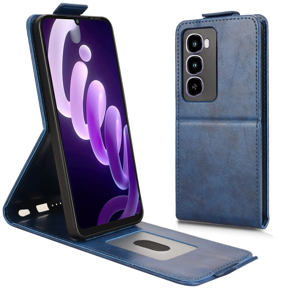 For itel City 100 4G Stand Case Magnetic Clasp Vertical Flip Leather Phone Cover with Card Holder - Dark Blue - 1