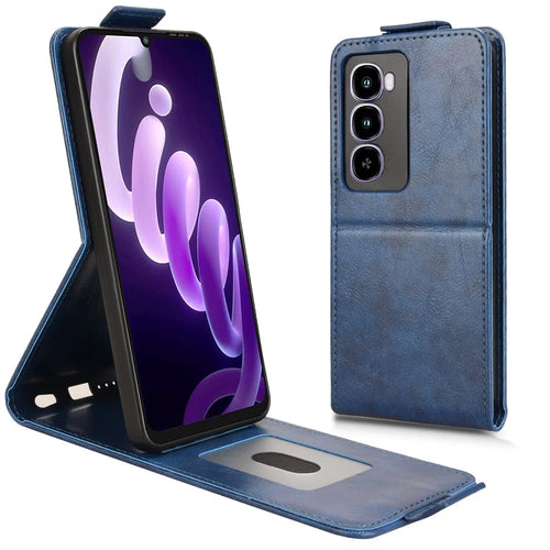 For itel City 100 4G Stand Case Magnetic Clasp Vertical Flip Leather Phone Cover with Card Holder - Dark Blue - 1