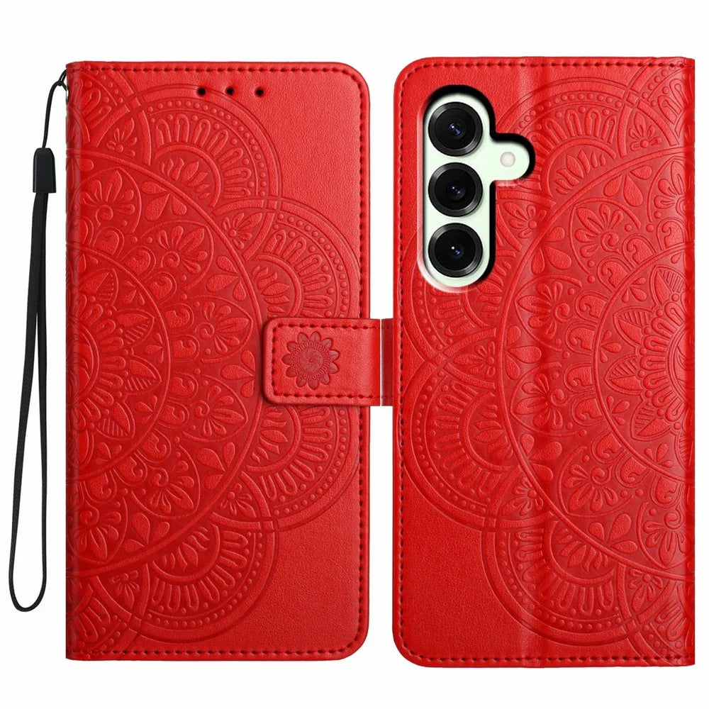 For Samsung Galaxy A18 5G / A18 4G / A17 5G / A17 4G / A26 5G Leather Case with Card Slots Mandala Pattern Phone Cover Stand - Red - 1