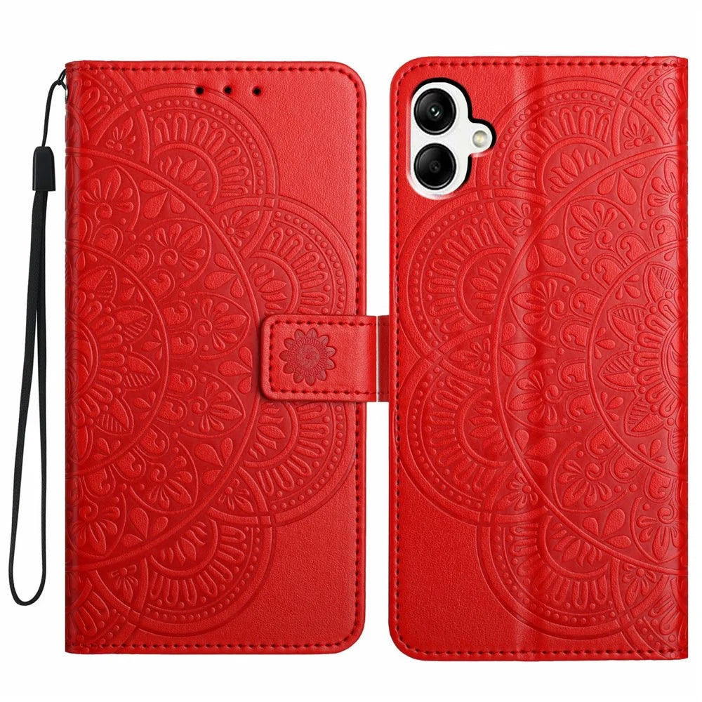For Samsung Galaxy A08 5G / A08 4G / A07 4G Leather Case with Card Slots Mandala Pattern Phone Cover Stand - Red - 1