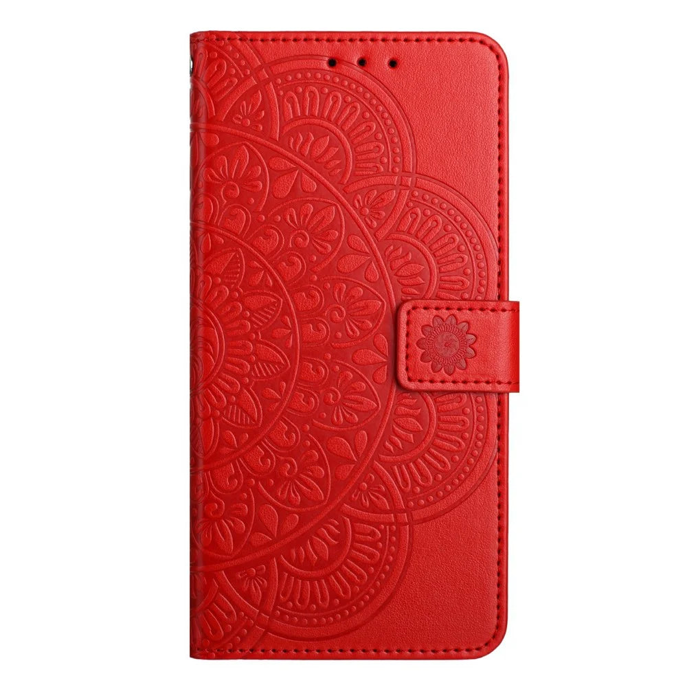 For Samsung Galaxy A08 5G / A08 4G / A07 4G Leather Case with Card Slots Mandala Pattern Phone Cover Stand - Red - 6