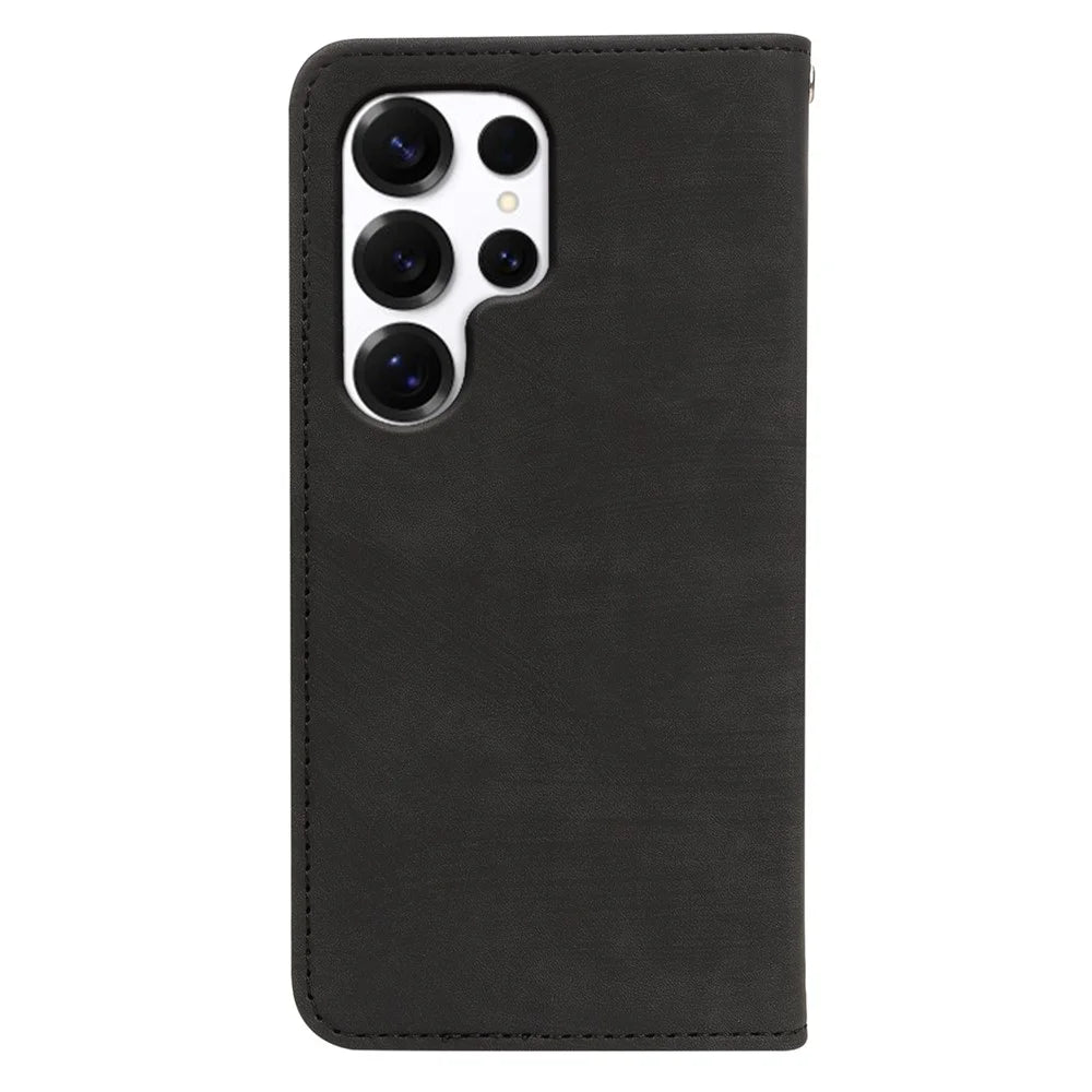 For Samsung Galaxy S25 Ultra Case Strong Magnetic Leather Wallet Phone Cover with Striped Texture - Black - 5
