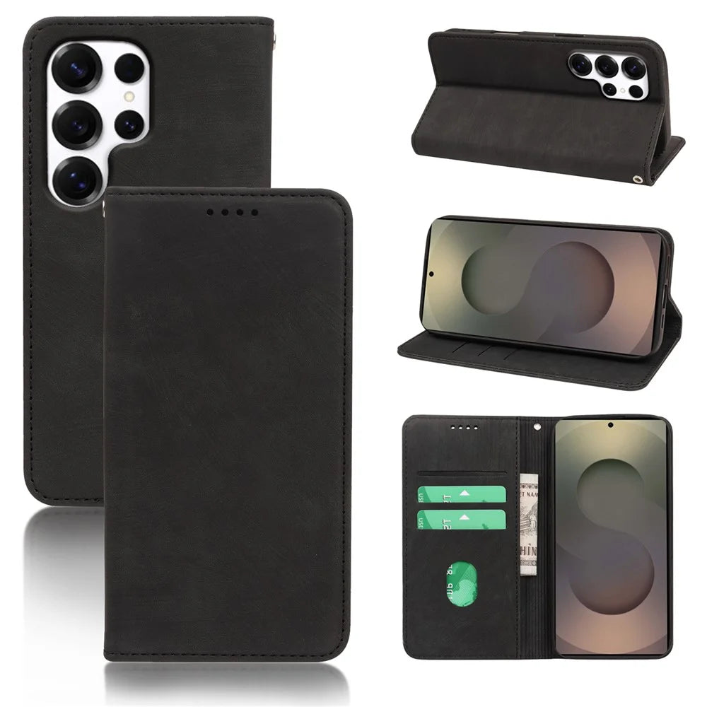 For Samsung Galaxy S24 Ultra Case Strong Magnetic Leather Wallet Phone Cover with Striped Texture - Black - 1