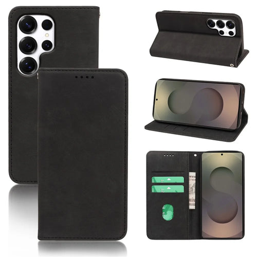 For Samsung Galaxy S24 Ultra Case Strong Magnetic Leather Wallet Phone Cover with Striped Texture - Black - 1
