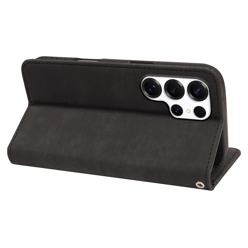 For Samsung Galaxy S24 Ultra Case Strong Magnetic Leather Wallet Phone Cover with Striped Texture - Black - 3