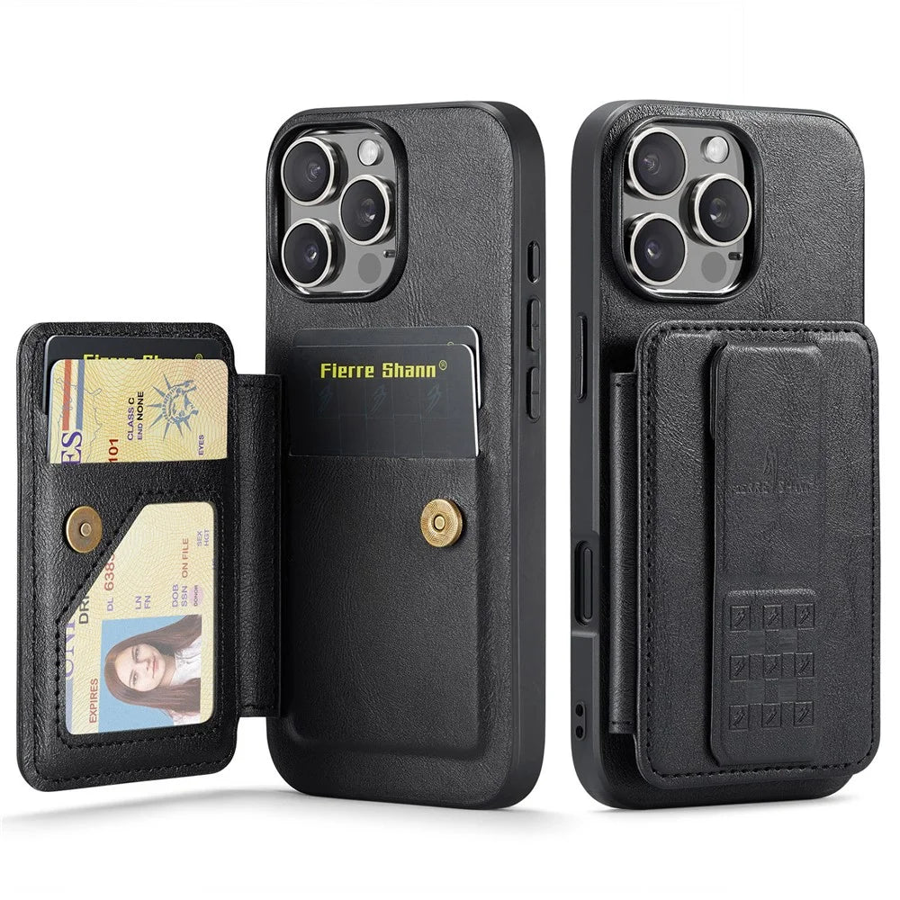 FIERRE SHANN 024 For iPhone 16 Pro Case Card Holder Kickstand Waxy Texture Leather + TPU Phone Cover - Black - 1