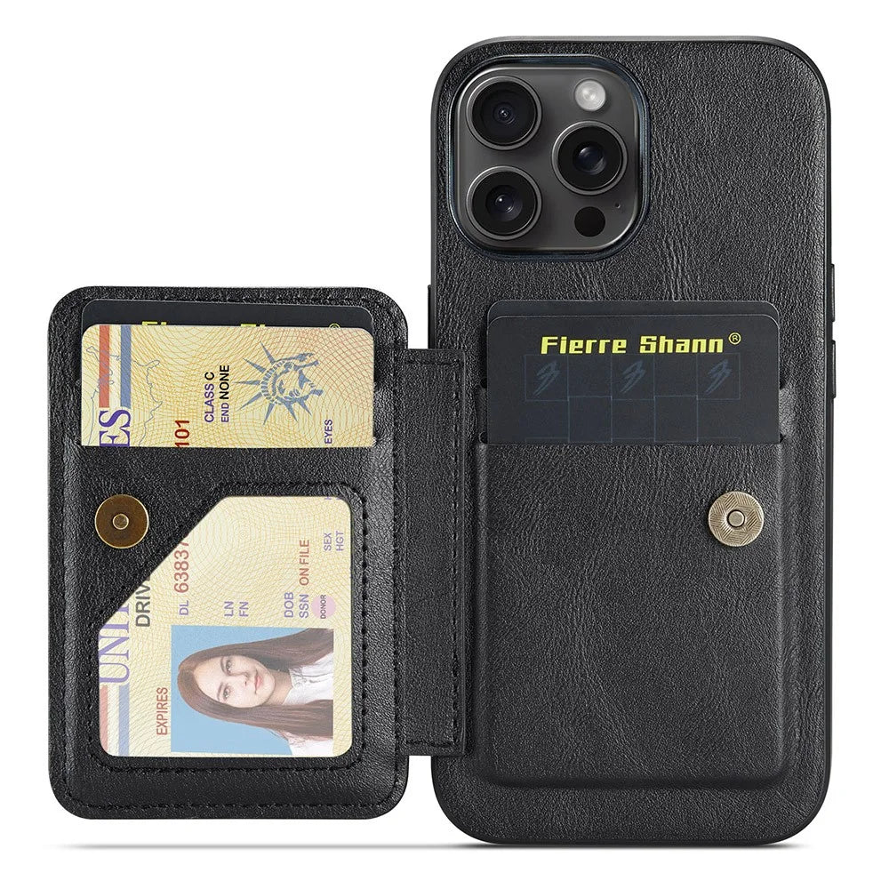 FIERRE SHANN 024 For iPhone 16 Pro Case Card Holder Kickstand Waxy Texture Leather + TPU Phone Cover - Black - 2