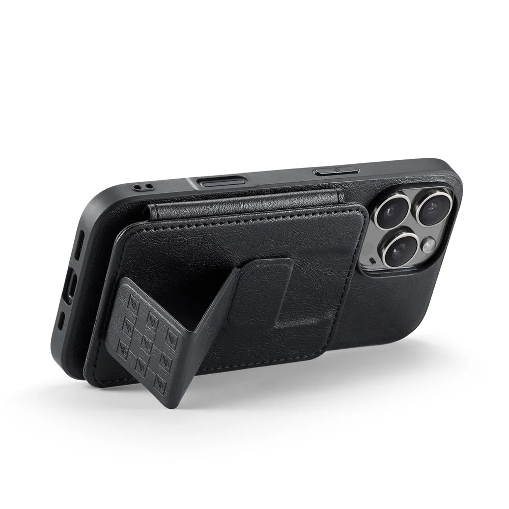 FIERRE SHANN 024 For iPhone 16 Pro Case Card Holder Kickstand Waxy Texture Leather + TPU Phone Cover - Black - 4