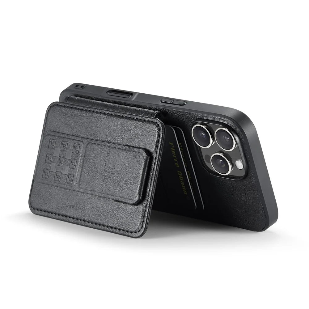 FIERRE SHANN 024 For iPhone 16 Pro Case Card Holder Kickstand Waxy Texture Leather + TPU Phone Cover - Black - 5