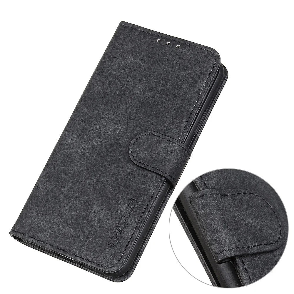 KHAZNEH Cell Phone Cover for Samsung Galaxy S23, Anti-scratch PU Leather Wallet Case Retro Texture Viewing Stand Phone Shell - Black - 6