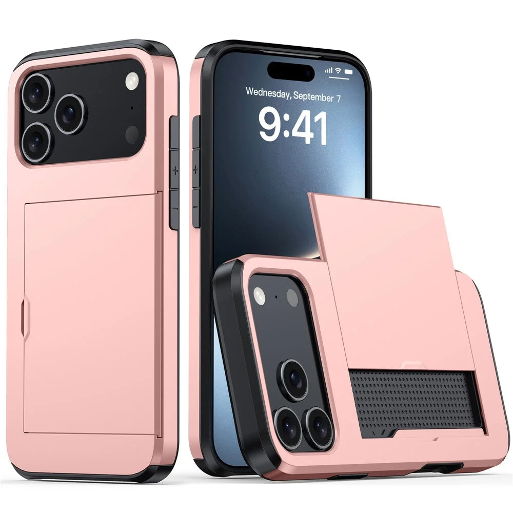 For iPhone 17 Pro Case with Card Holder TPU + PC Phone Back Cover - Rose Gold - 1