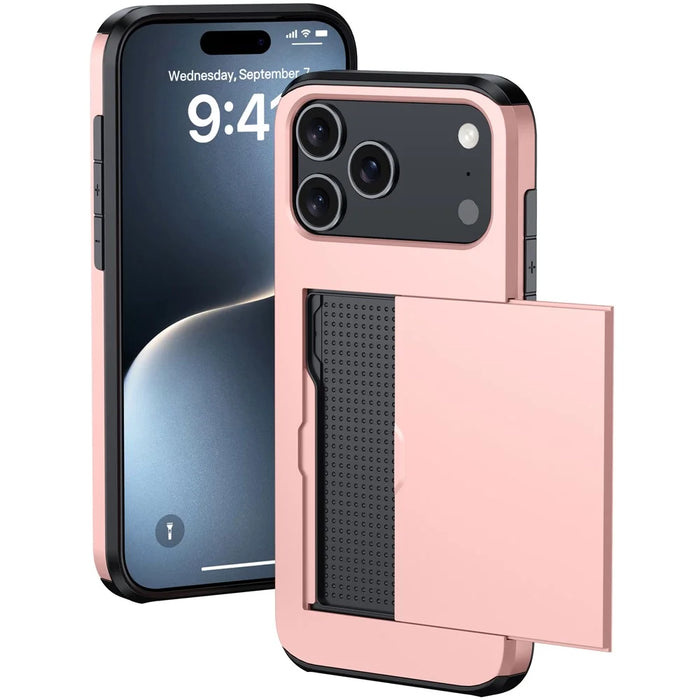 For iPhone 17 Pro Case with Card Holder TPU + PC Phone Back Cover - Rose Gold - 2