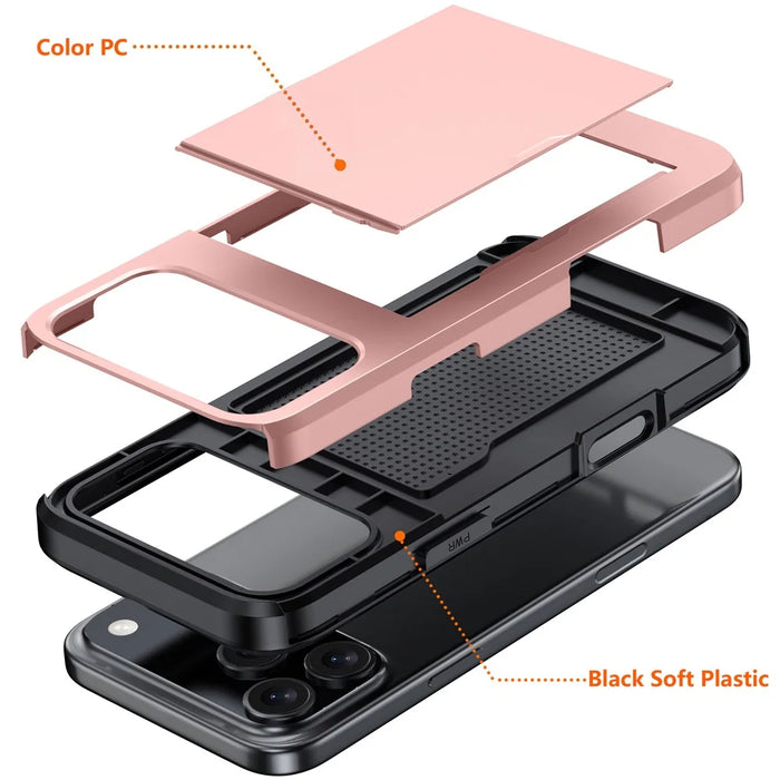 For iPhone 18 Pro Max / 17 Pro Max Case Card Holder TPU + PC Phone Back Cover - Rose Gold - 6