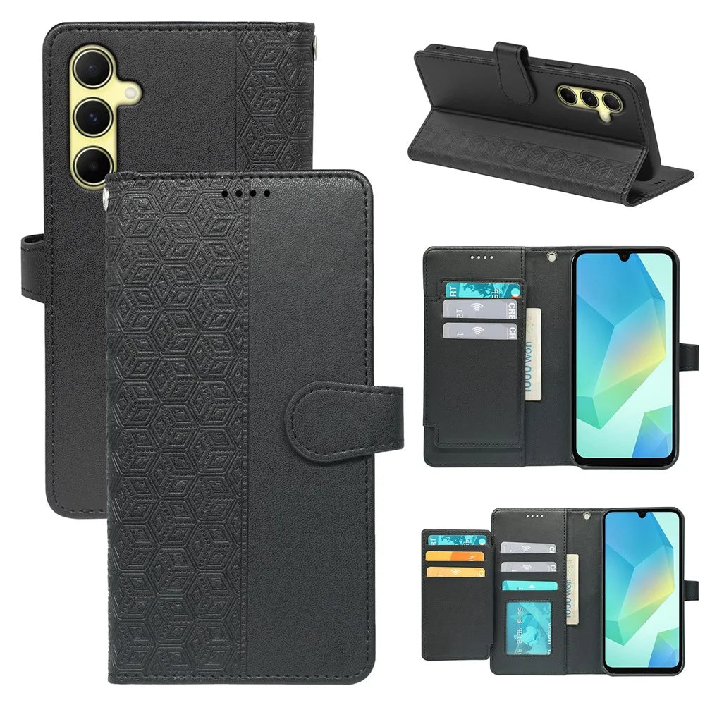 For Samsung Galaxy S25 Case with 9 Card Slots Checkered Pattern PU Leather Phone Cover - Black - 1