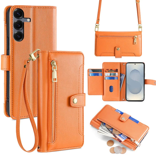 For Samsung Galaxy S25 Leather Case Zipper Pocket Wallet Phone Cover with 2 Straps - Orange - 1