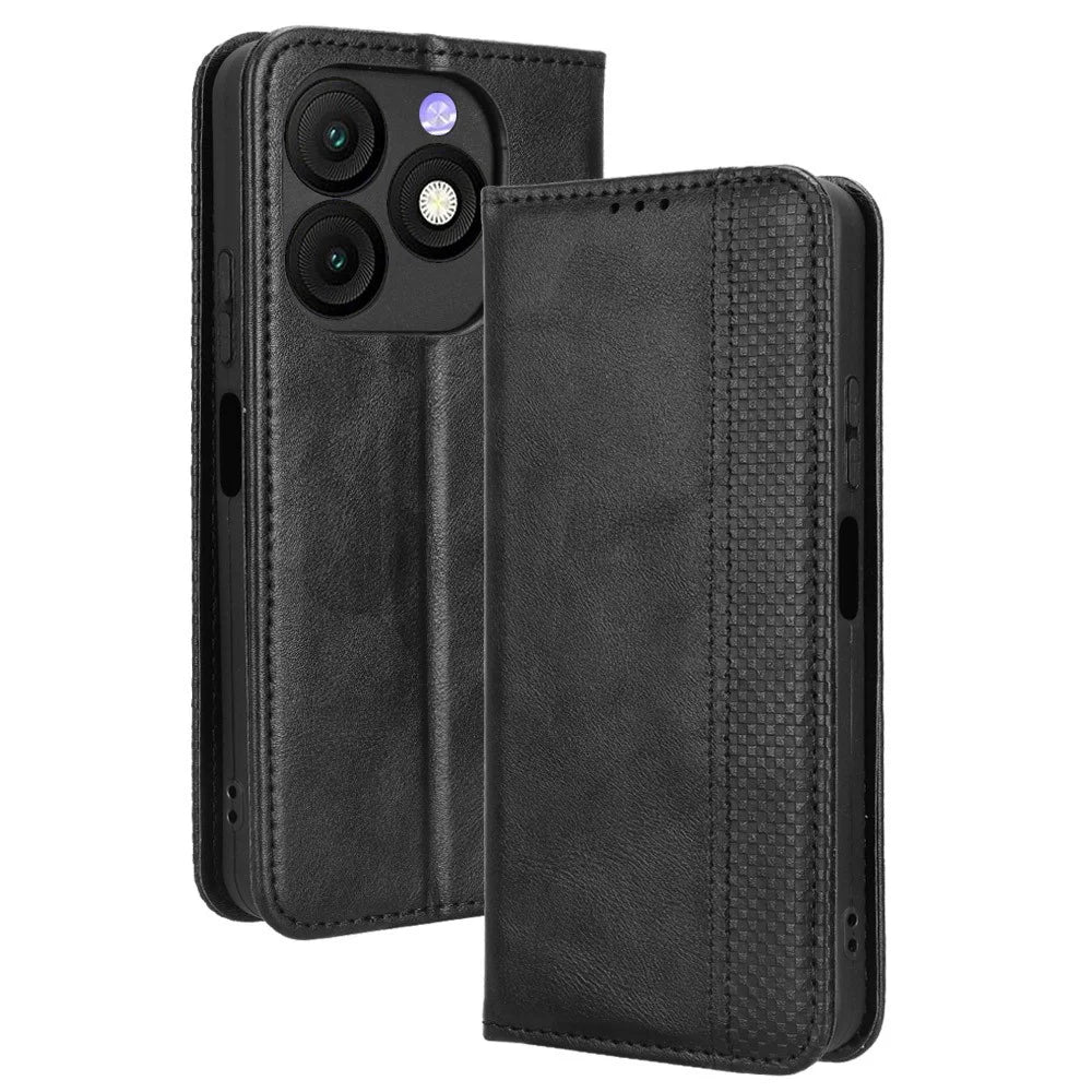 For itel Zeno 10 4G Leather Case Wallet Stand Retro Texture Phone Cover - Black - 1