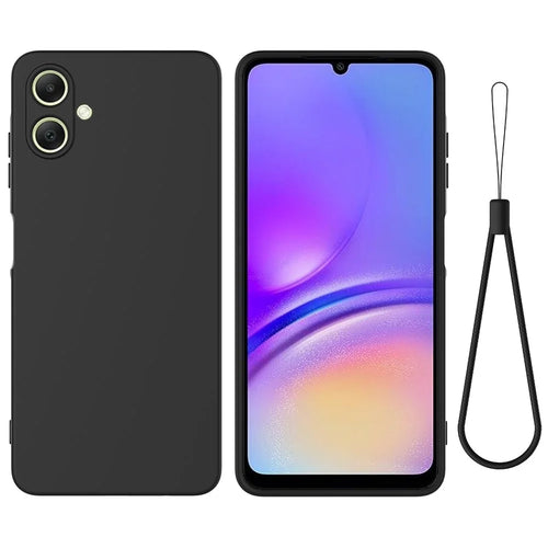 For Samsung Galaxy A08 4G / A08 5G / F07 4G / M17e 5G / M07 4G / A07 5G / A07 4G Liquid Silicone Case Phone Back Cover with Hand Strap - Black - 1