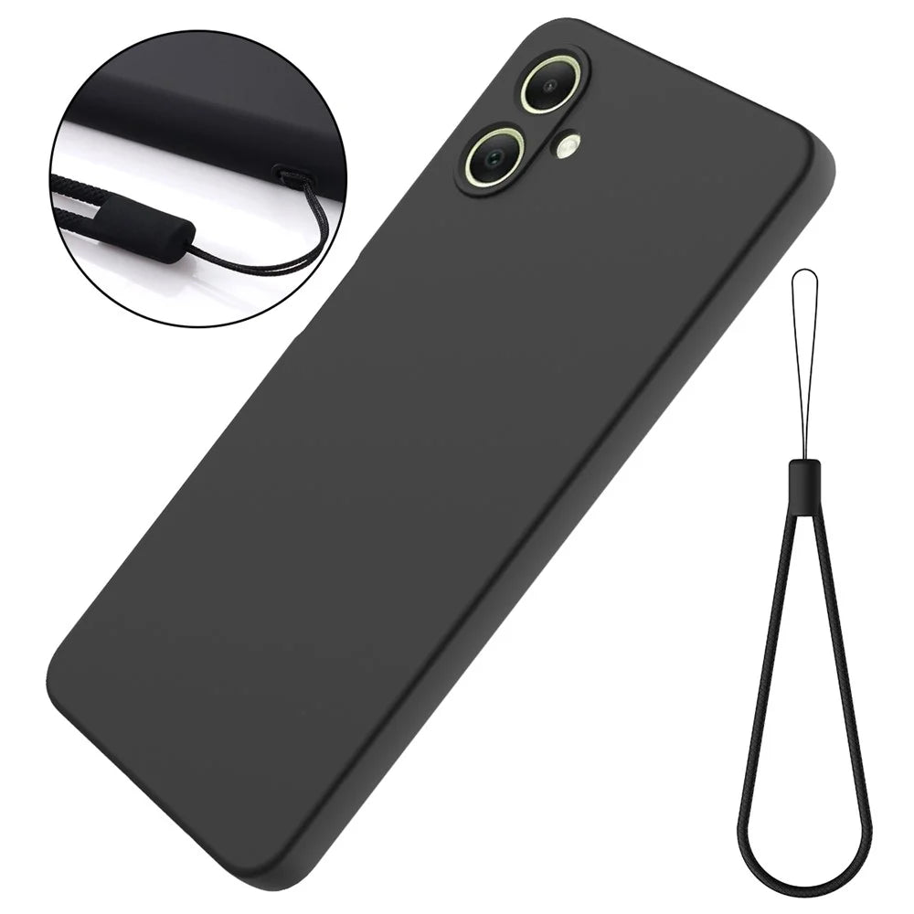 For Samsung Galaxy A08 4G / A08 5G / F07 4G / M17e 5G / M07 4G / A07 5G / A07 4G Liquid Silicone Case Phone Back Cover with Hand Strap - Black - 7