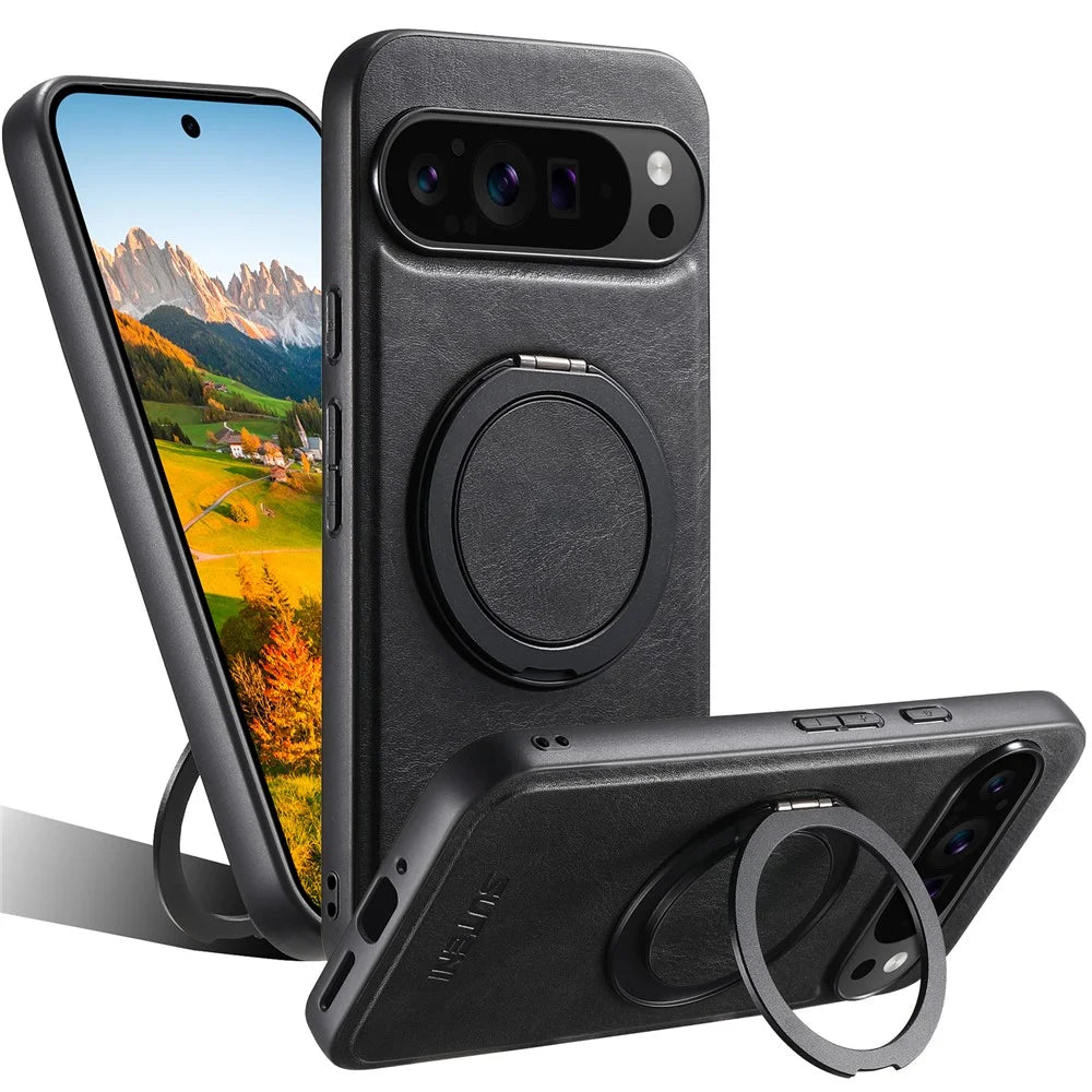 SUTENI G3 For Google Pixel 10 / 10 Pro Magnetic Case Waxy Texture Rotating Kickstand Leather Phone Back Cover - Black - 1