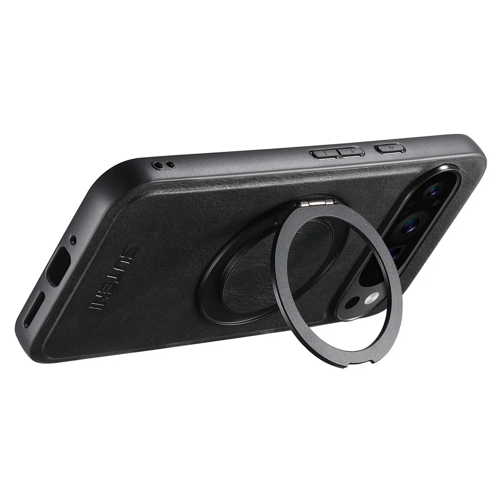 SUTENI G3 For Google Pixel 10 / 10 Pro Magnetic Case Waxy Texture Rotating Kickstand Leather Phone Back Cover - Black - 2