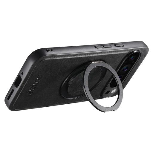 SUTENI G3 For Google Pixel 10 / 10 Pro Magnetic Case Waxy Texture Rotating Kickstand Leather Phone Back Cover - Black - 2