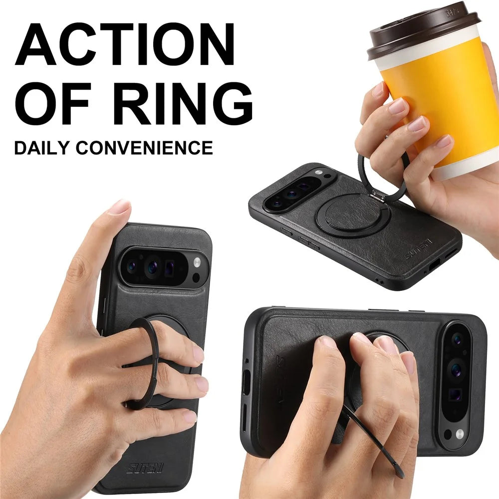 SUTENI G3 For Google Pixel 10 / 10 Pro Magnetic Case Waxy Texture Rotating Kickstand Leather Phone Back Cover - Black - 6