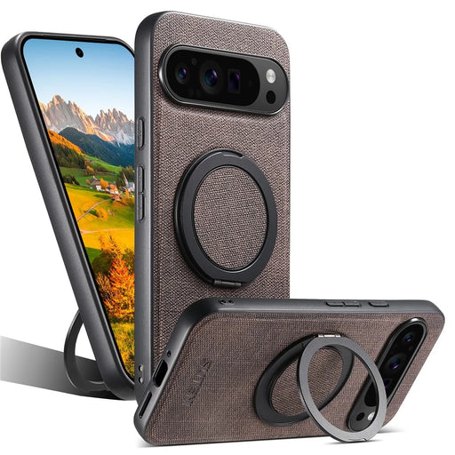 SUTENI G3 For Google Pixel 10 / 10 Pro Magnetic Case Rotating Ring Kickstand Jeans Texture PU TPU Phone Back Cover - Brown - 1