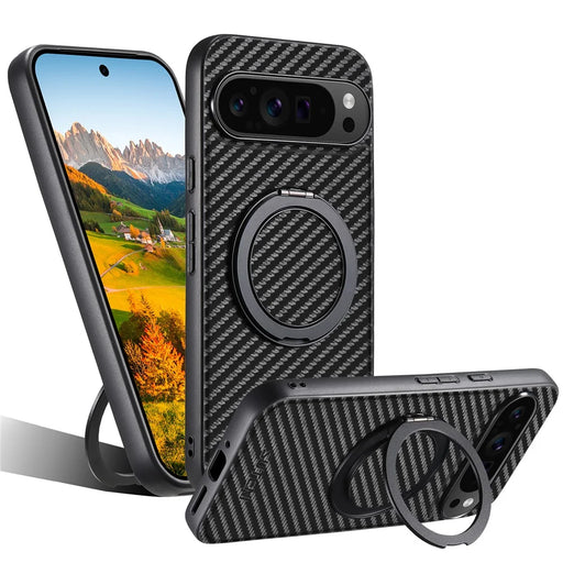 SUTENI G3 For Google Pixel 10 / 10 Pro Magnetic Case Rotating Kickstand Carbon Fiber Texture Leather Phone Back Cover - 1