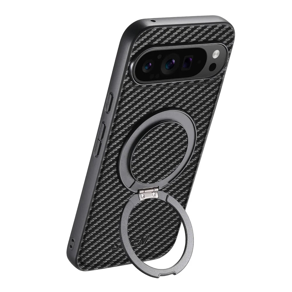 SUTENI G3 For Google Pixel 10 / 10 Pro Magnetic Case Rotating Kickstand Carbon Fiber Texture Leather Phone Back Cover - 3