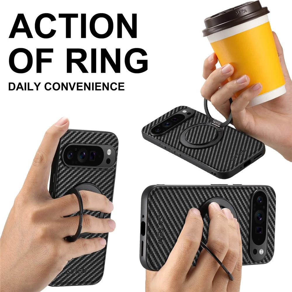 SUTENI G3 For Google Pixel 10 / 10 Pro Magnetic Case Rotating Kickstand Carbon Fiber Texture Leather Phone Back Cover - 7
