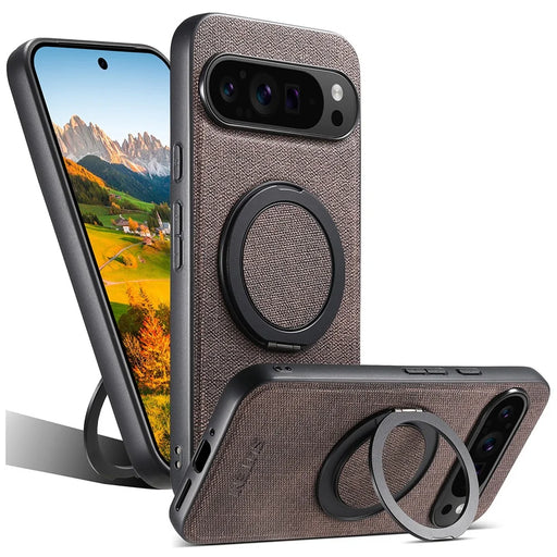 SUTENI G3 For Google Pixel 10 Pro XL Magnetic Case Rotating Ring Kickstand Jeans Texture PU TPU Phone Back Cover - Brown - 1