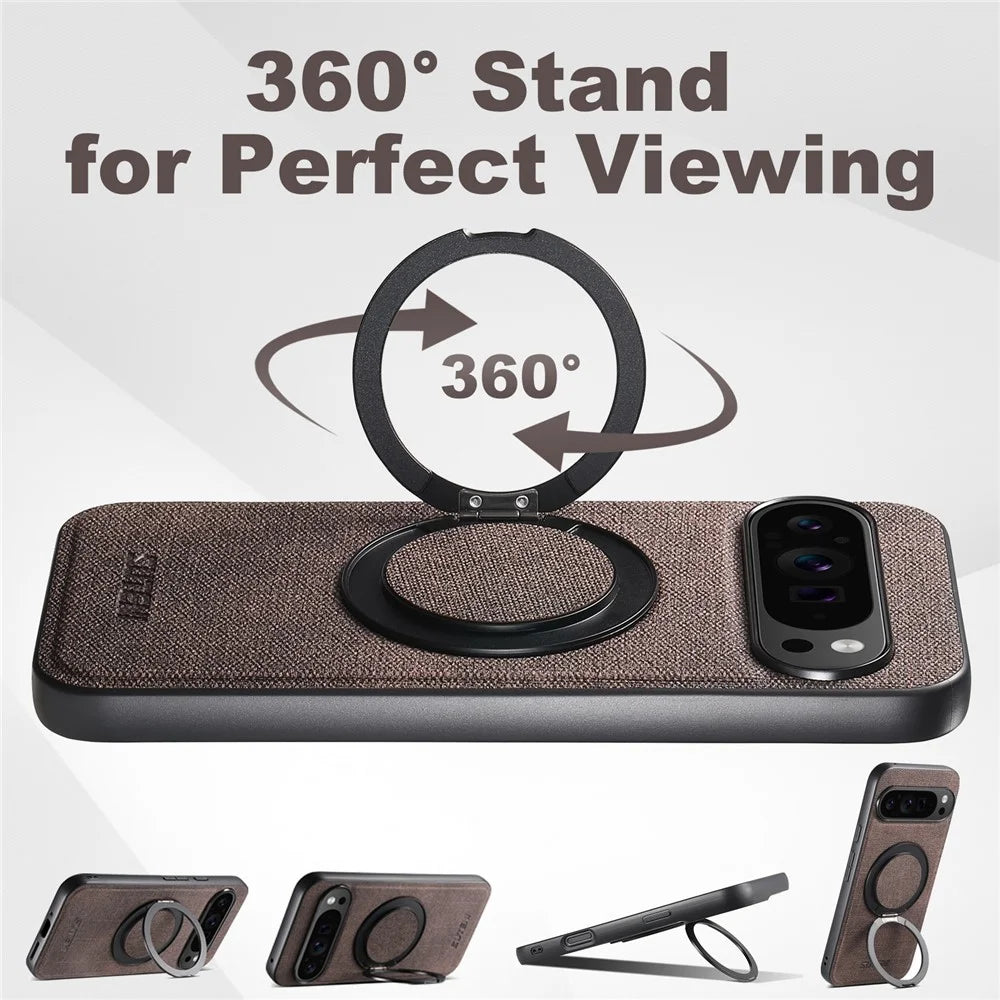 SUTENI G3 For Google Pixel 10 Pro XL Magnetic Case Rotating Ring Kickstand Jeans Texture PU TPU Phone Back Cover - Brown - 5