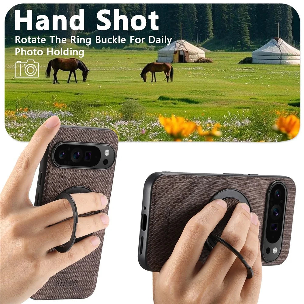 SUTENI G3 For Google Pixel 10 Pro XL Magnetic Case Rotating Ring Kickstand Jeans Texture PU TPU Phone Back Cover - Brown - 7