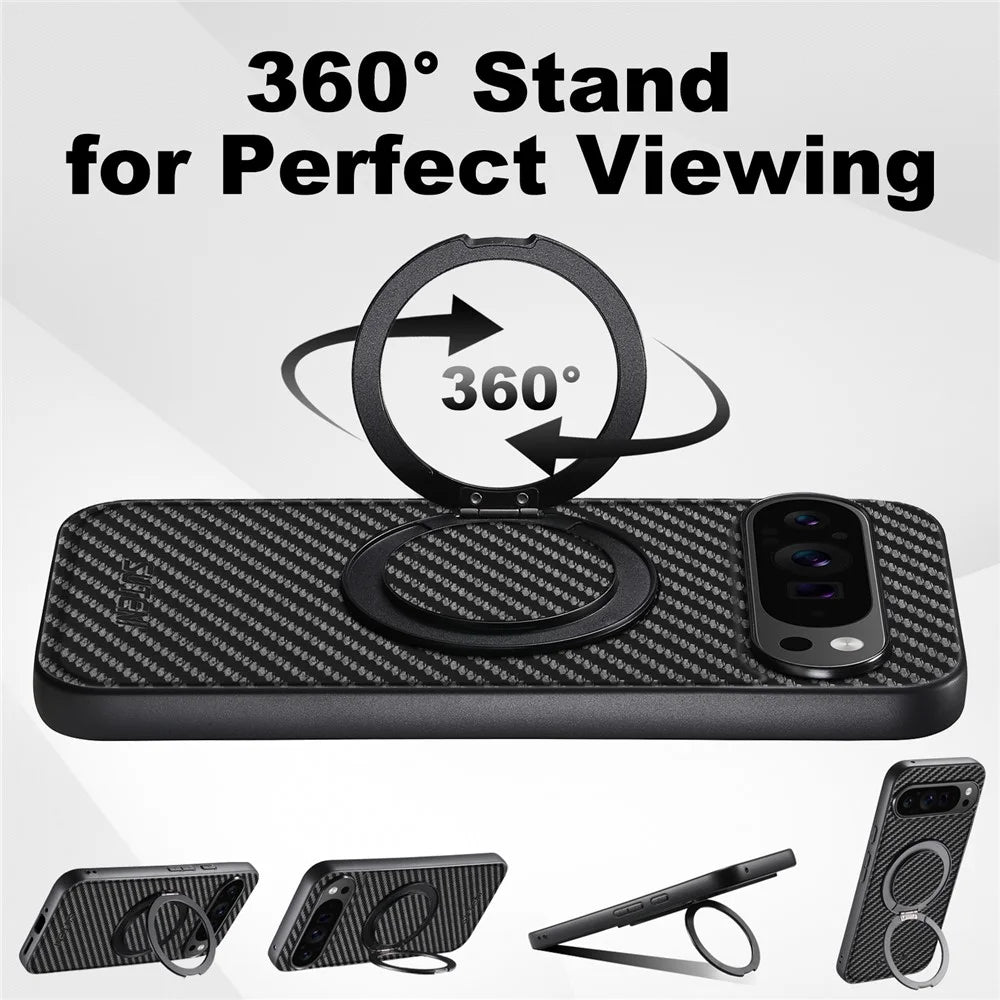 SUTENI G3 For Google Pixel 10 Pro XL Magnetic Case Rotating Kickstand Carbon Fiber Texture Leather Phone Back Cover - 7