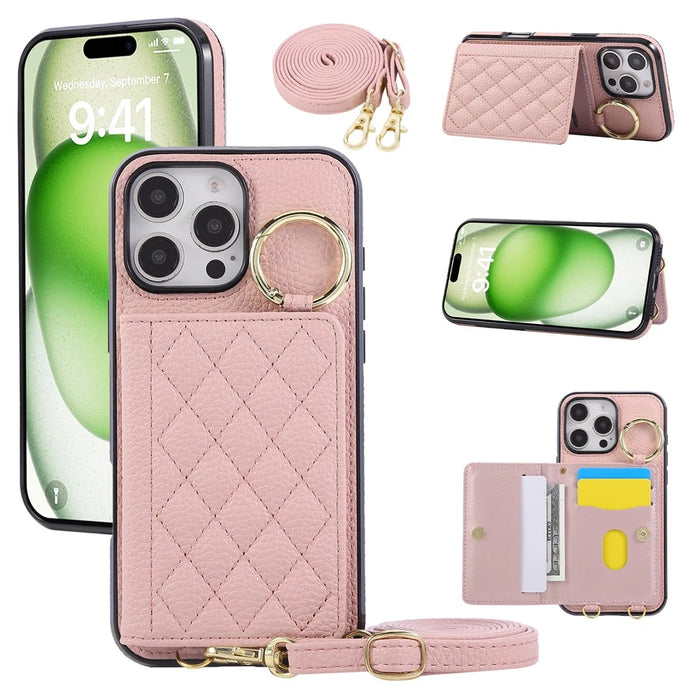 For iPhone 16 Pro Case Kickstand Rhombus Leather + TPU Phone Cover with Shoulder Strap - Pink - 1