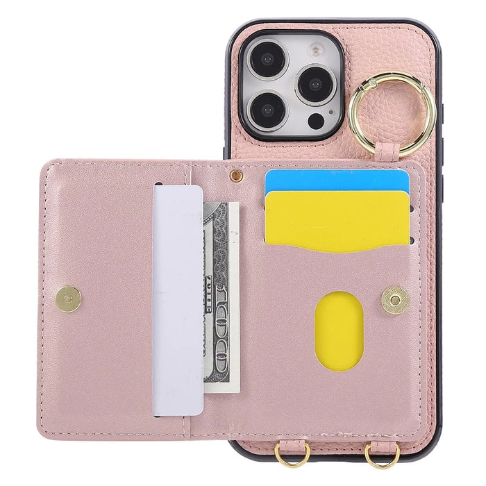 For iPhone 16 Pro Case Kickstand Rhombus Leather + TPU Phone Cover with Shoulder Strap - Pink - 2