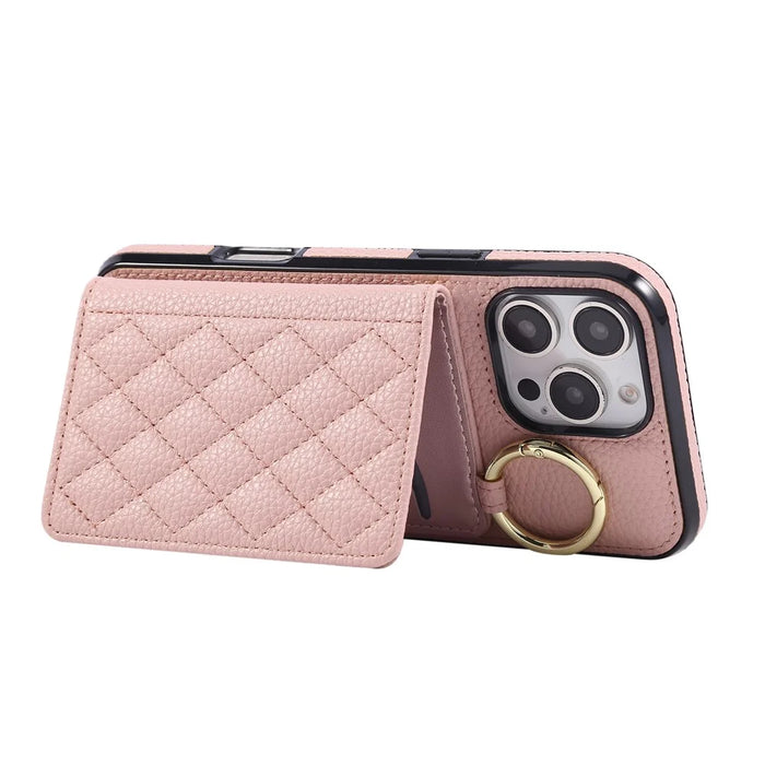 For iPhone 16 Pro Case Kickstand Rhombus Leather + TPU Phone Cover with Shoulder Strap - Pink - 4