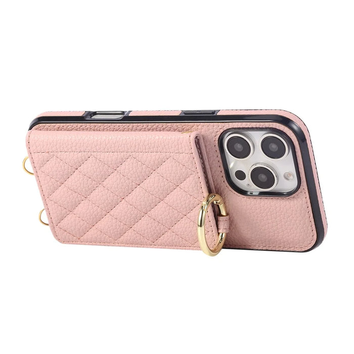 For iPhone 16 Pro Case Kickstand Rhombus Leather + TPU Phone Cover with Shoulder Strap - Pink - 5