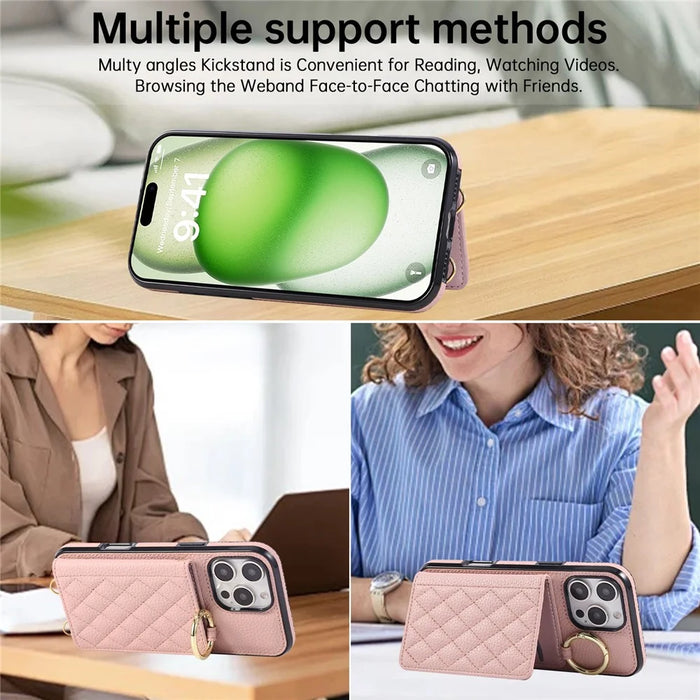 For iPhone 16 Pro Case Kickstand Rhombus Leather + TPU Phone Cover with Shoulder Strap - Pink - 6