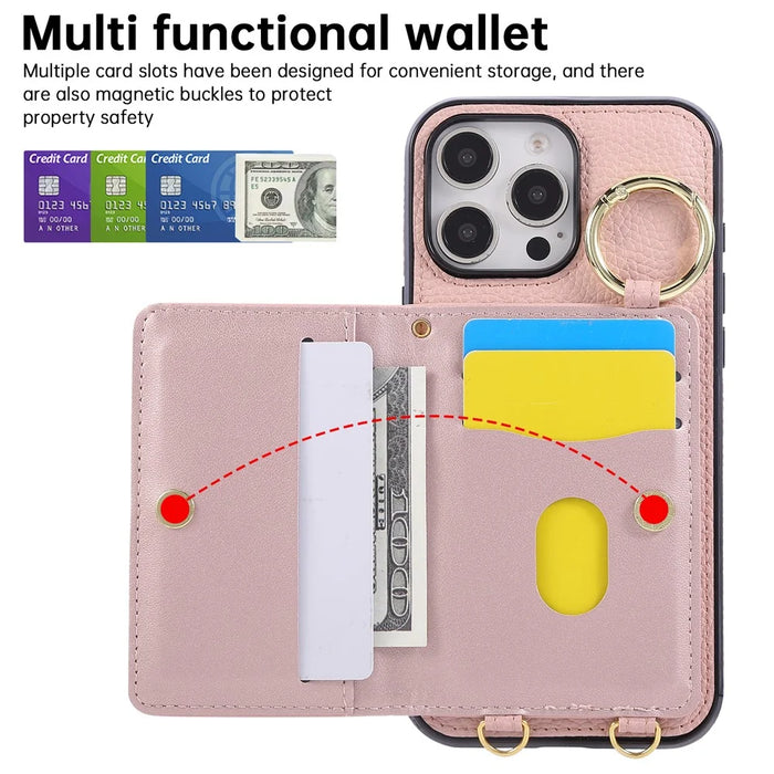 For iPhone 16 Pro Case Kickstand Rhombus Leather + TPU Phone Cover with Shoulder Strap - Pink - 7