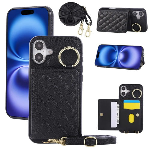 For iPhone 16 Case Kickstand Rhombus Leather + TPU Phone Cover with Shoulder Strap - Black - 1