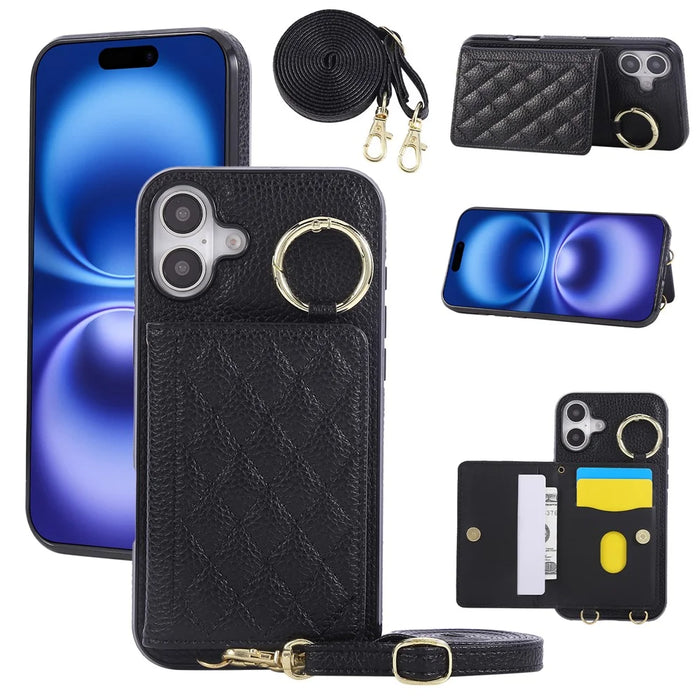 For iPhone 16 Case Kickstand Rhombus Leather + TPU Phone Cover with Shoulder Strap - Black - 1
